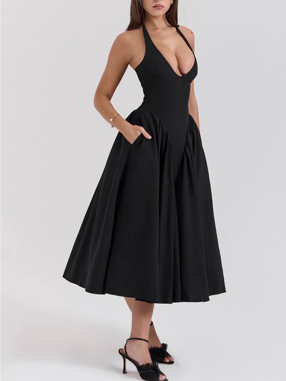 House of CB Marilyn Black twill Halter Midi Dress